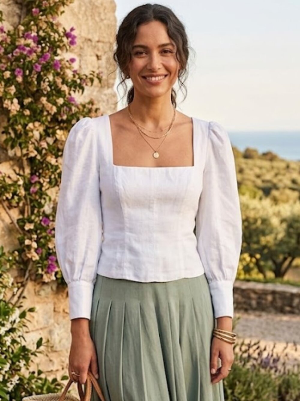 Reformation White 100% Linen Corset Bustier Top 8 Puff Sleeve Smocked Back